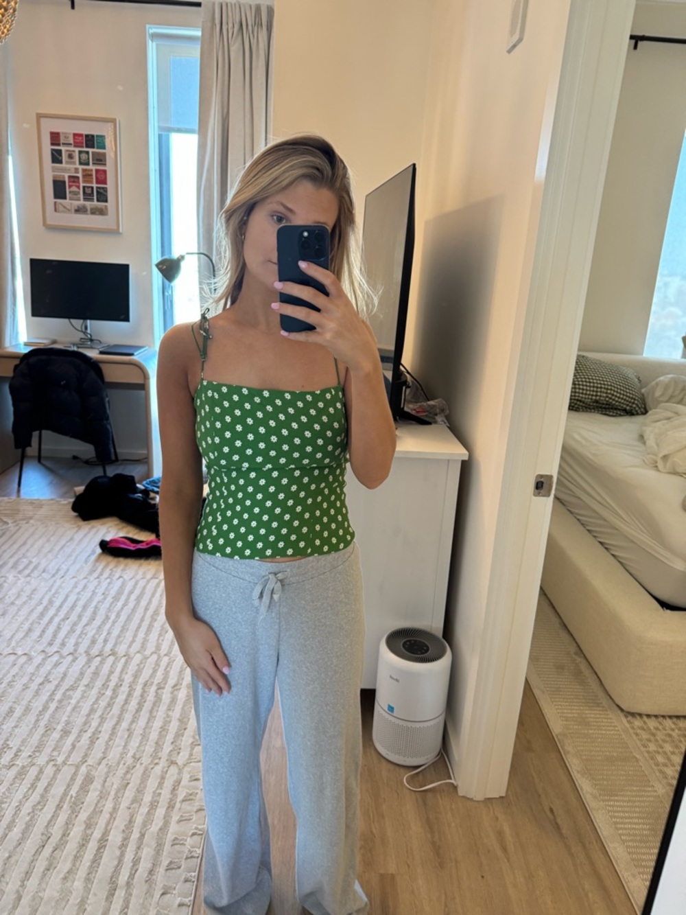 Reformation Green Daisy Print Square-Neck Tank Top
